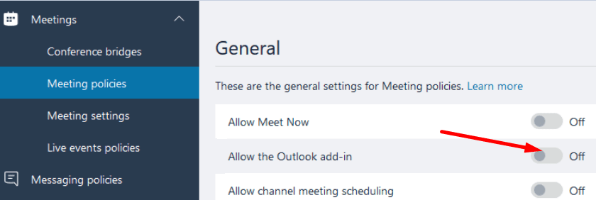cho phép chính sách họp bổ trợ Microsoft Teams Outlook