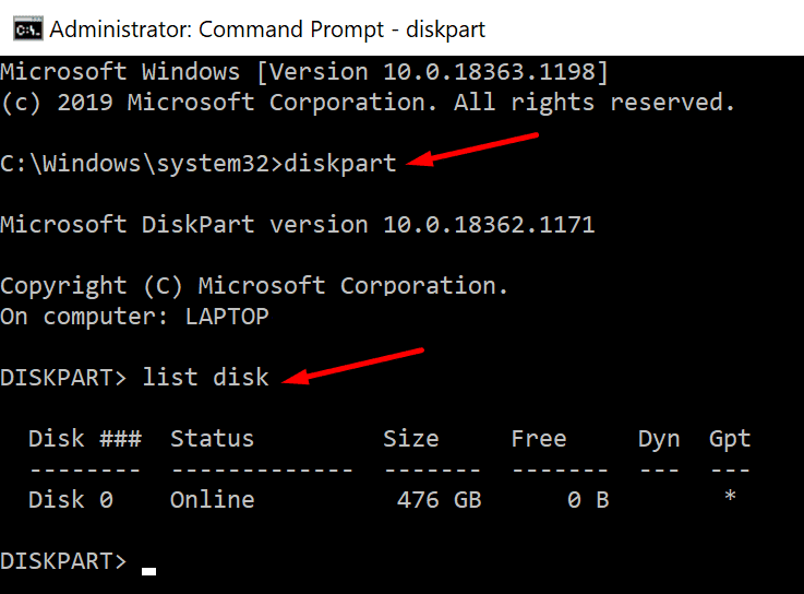 dấu nhắc lệnh diskpart list disk