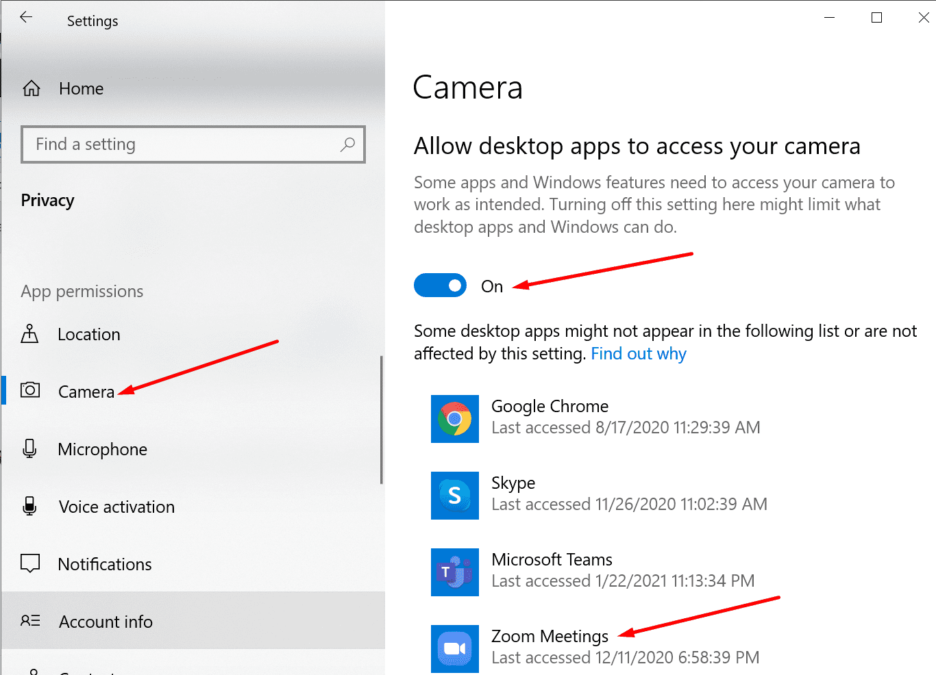 cho phép ứng dụng thu phóng trên máy tính để bàn truy cập máy ảnh Windows 10