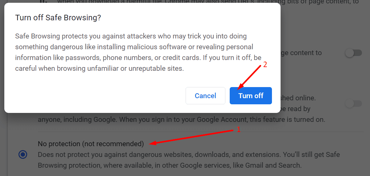Chrome tắt duyệt web an toàn
