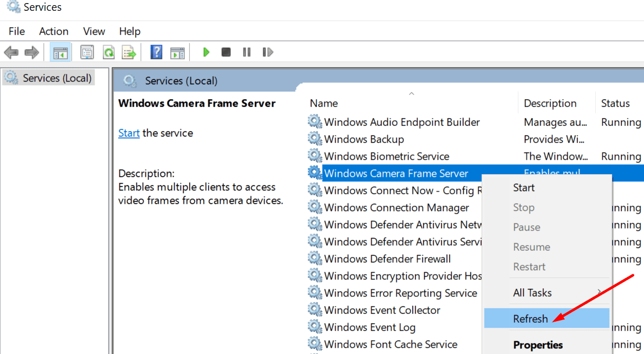 cập nhật dịch vụ Windows CameraFrameServer