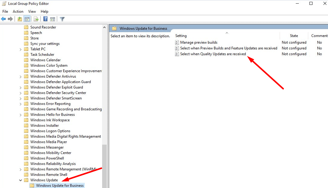 Chọn Khi nhận được các bản cập nhật chất lượng từ Windows 10g pedi