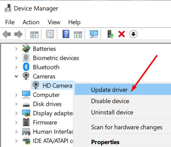 cập nhật trình điều khiển webcam Windows 10
