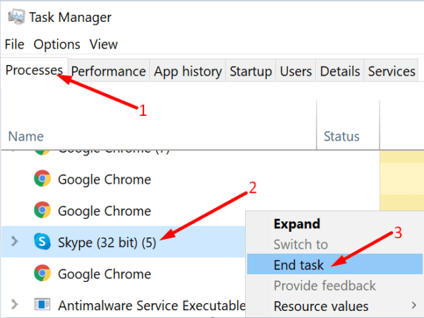 chấm dứt trình quản lý tác vụ skype