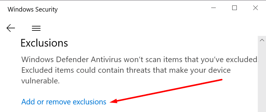 thêm loại bỏ các loại trừ bảo mật khỏi Windows