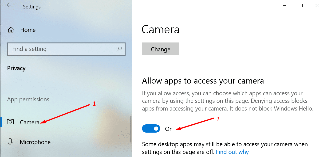 quyền ứng dụng máy ảnh Windows 10