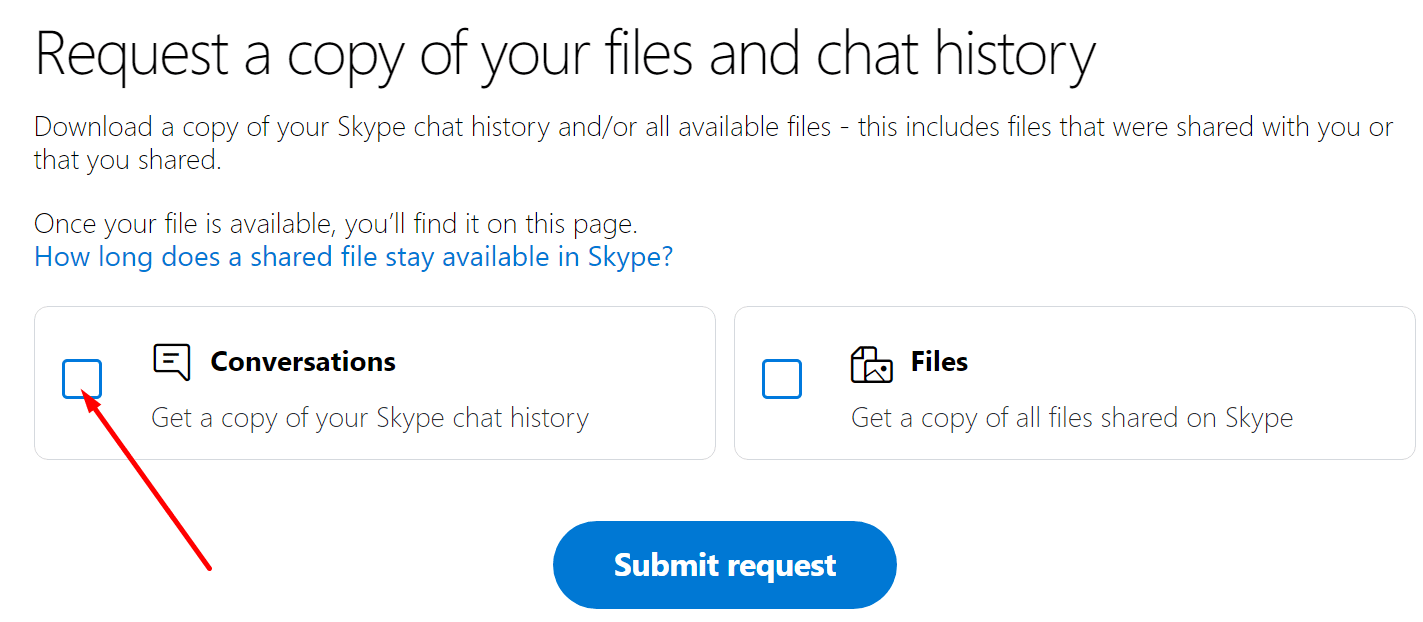 yêu cầu một bản sao lịch sử trò chuyện của bạn Skype