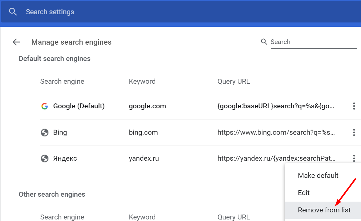 Chrome quản lý các công cụ tìm kiếm.