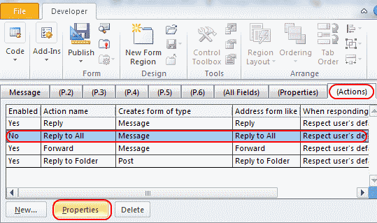 Tab hành động và thuộc tính biểu mẫu Outlook 2010