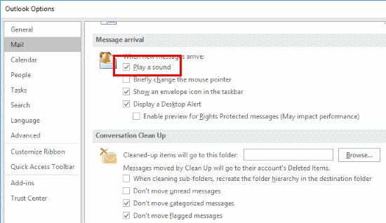 Outlook 2016 Phát cài đặt âm thanh
