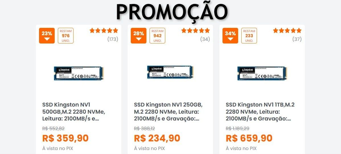 PROMOÇÃO: SSDs Kingston NV1 NVMe com ótimos preços - 500GB por R$359,90