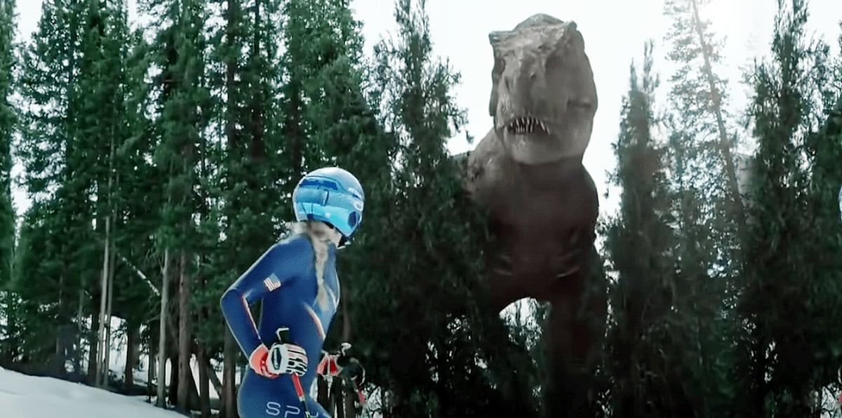 Jurassic World: Dominion: Comercial mostra esquiadora se encontrando com T-Rex
