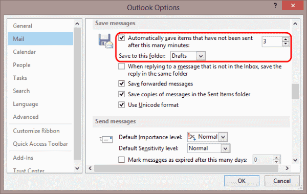 Cài đặt lưu bản nháp trong Outlook 2013 