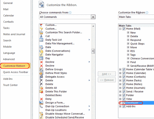 Outlook 2010 kích hoạt dải băng dành cho nhà phát triển