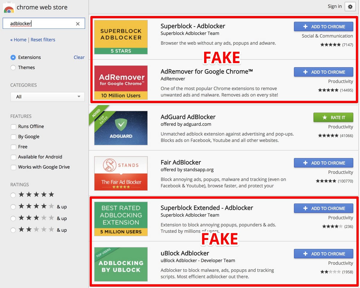 Falsk annonsblockerare i Google Chrome extension store