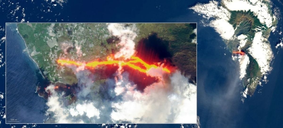 Veja imagem de rio de lava do vulcão Cumbre Vieja capturada do espaço