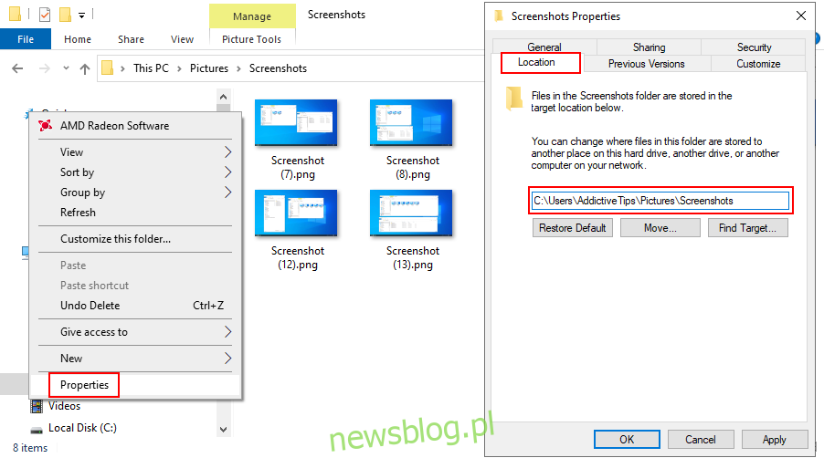Windows  Hình 10 cho thấy cách thay đổi vị trí mặc định cho các ảnh chụp màn hình đã lưu