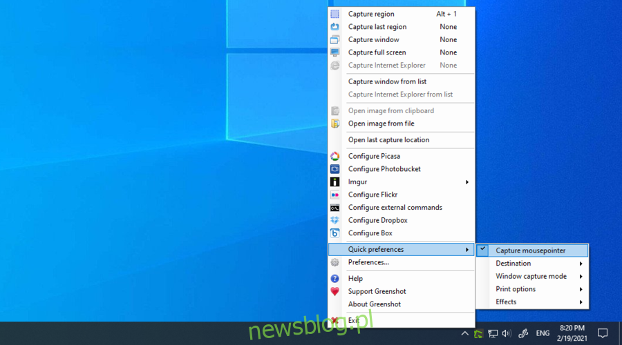 Windows  10 hiển thị cài đặt Greenshot