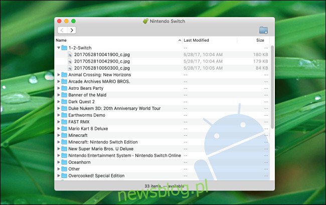 Danh sách ảnh chụp màn hình và video từ Switch được sắp xếp theo thư mục như đã thấy trong ứng dụng Truyền tệp của Android trên máy Mac.