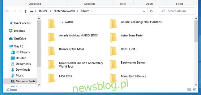 Danh sách ảnh chụp màn hình và thư mục video Nintendo Switch hiển thị trên máy tính hệ thống Windows thông qua cáp USB.