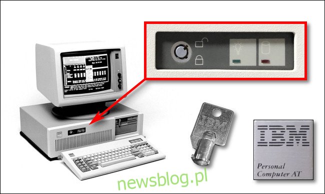 Máy tính IBM PC AT, chìa khóa và ổ khóa.