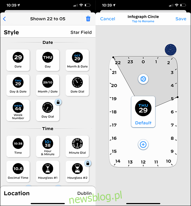 Các menu phức tạp trong ứng dụng Watchsmith iPhone.