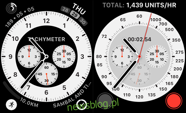 Mặt số đồng hồ bấm giờ chuyên nghiệp với biến chứng tachymeter tích hợp.