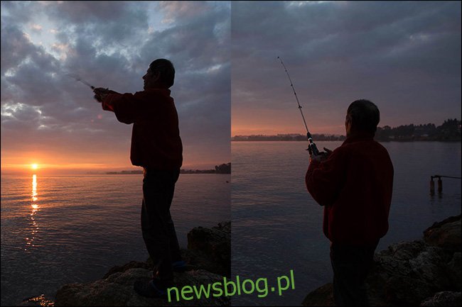 Hai bức ảnh chụp một người đàn ông đang câu cá lúc hoàng hôn được chụp ở các độ dài tiêu cự khác nhau nhưng có cùng lượng ánh sáng. 