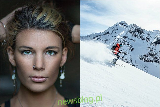 Chân dung một người phụ nữ ở bên trái với độ sâu trường ảnh nông và một vận động viên trượt tuyết đang đi xuống núi tuyết với độ sâu trường ảnh lớn ở bên phải.