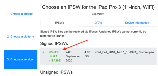 Chọn phiên bản đã ký mới nhất của tệp IPSW.