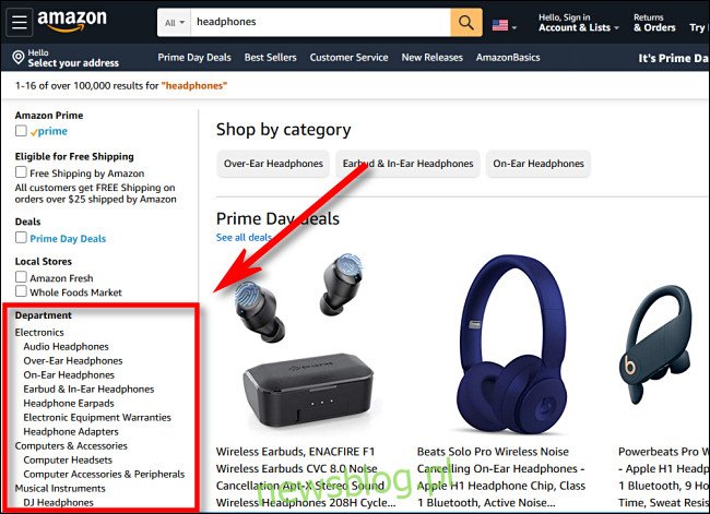 Trên thanh bên Amazon.com chọn bộ phận