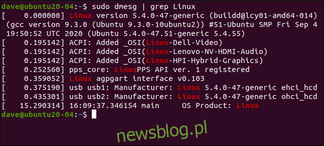 sudo dmesg |  grep Linux trong cửa sổ đầu cuối.