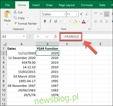 Ví dụ về hàm NĂM được sử dụng trong Microsoft Excel