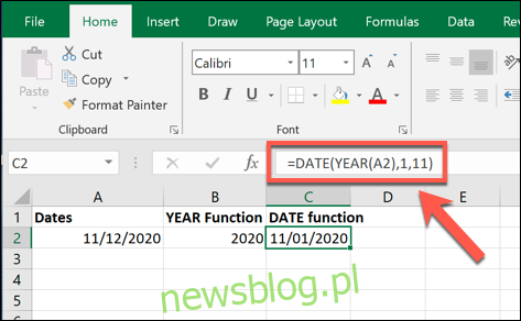 Giá trị công thức DATE mẫu được tạo bằng cách sử dụng giá trị được tạo bởi công thức NĂM trong Excel