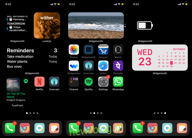 Nhiều tiện ích Widgetsmith khác nhau trên màn hình chính của iPhone