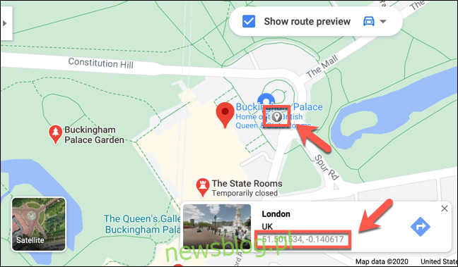 Tọa độ của Cung điện Buckingham ở Luân Đôn như được hiển thị trên Google Maps