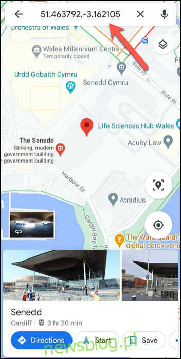 Tọa độ GPS của Quốc hội Vương quốc Anh xứ Wales trong ứng dụng Google Maps dành cho Android.