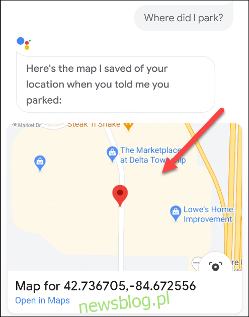 Bản đồ hiển thị vị trí ô tô của bạn đang đỗ trong Trợ lý Google.