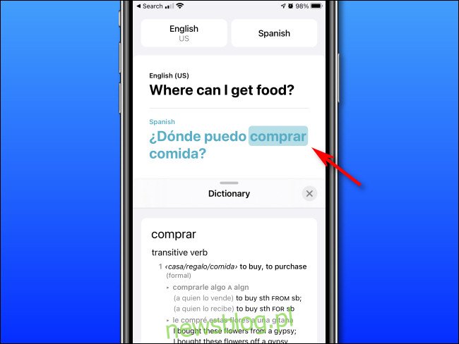 Trong chế độ Từ điển trong Translator Apple trên iPhone, bạn có thể nhấn vào các từ để xem định nghĩa của chúng.