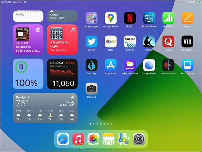 Màn hình chính của iPad 14 với các tiện ích Chế độ xem theo ngày có thể nhìn thấy.