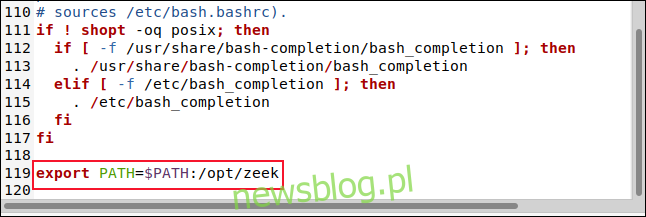 BASHRC trong gedit với dòng PATH=$PATH:/opt/zeek.