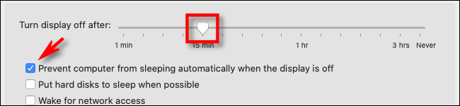 Trong Tùy chọn tiết kiệm năng lượng trên máy Mac của bạn, hãy sử dụng thanh trượt để đặt thời gian ngủ của màn hình, sau đó chọn hộp bên dưới.