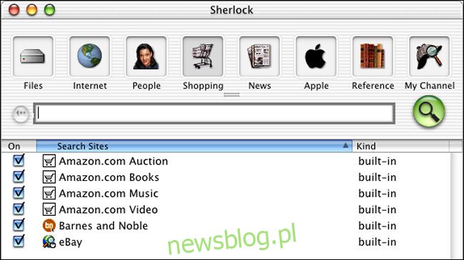 Cửa sổ tìm kiếm của Sherlock trong phiên bản beta công khai của Mac OS X.