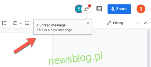 Cửa sổ bật lên tin nhắn trò chuyện của trình chỉnh sửa mới trong Google Tài liệu