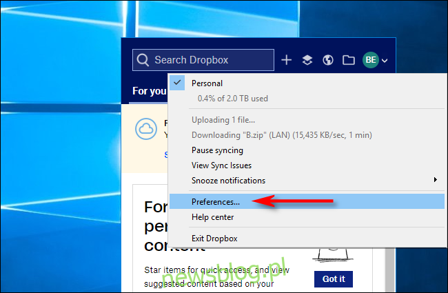Nhấp vào Tùy chọn Dropbox cho Windows