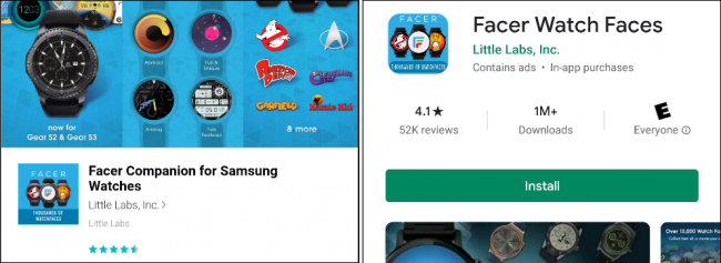 Ứng dụng Facer trong cửa hàng Galaxy Ứng dụng và Google Play.