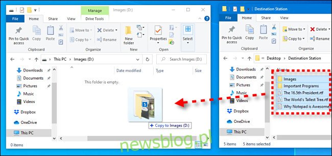 Nhấp và kéo tệp từ một cửa sổ vào cửa sổ ổ flash USB trong File Explorer của hệ thống Windows 10.