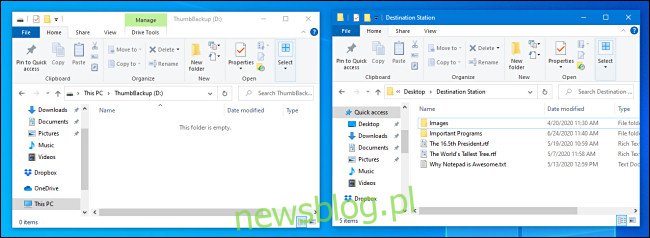 Hai cửa sổ File Explorer mở cạnh nhau trên hệ thống Windows 10.