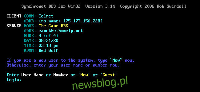 Màn hình đăng nhập Cave BBS trong cửa sổ SyncTERM.