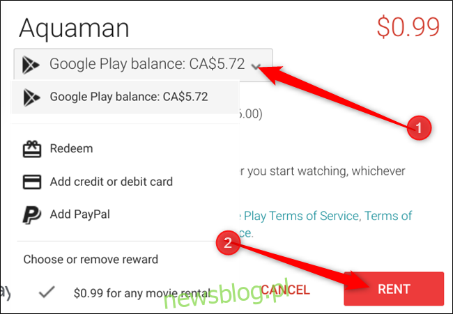 Theo mặc định, tài khoản Google Pay của bạn được sử dụng trước, nếu bạn muốn thay đổi điều này, hãy nhấp vào menu thả xuống, chọn phương thức thanh toán, sau đó nhấp vào Thuê